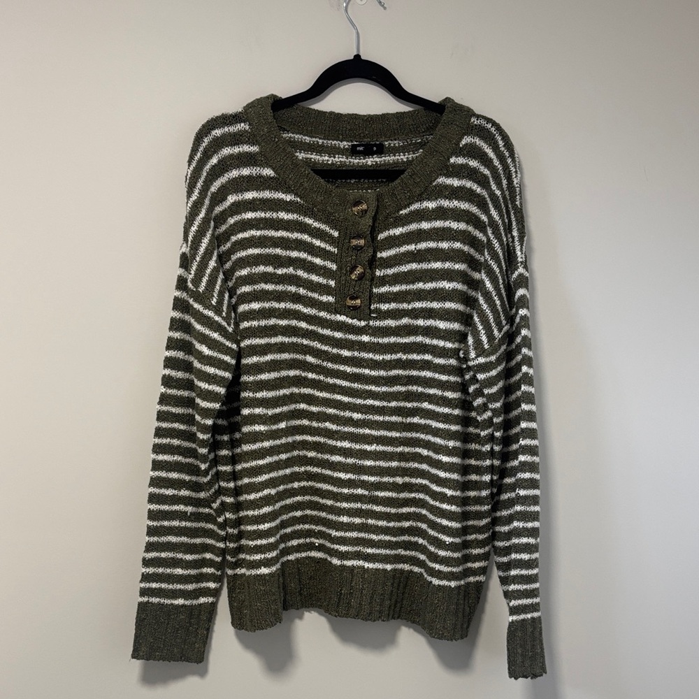 NWOT Mittoshop Olive & White Striped Crew Sweater with Buttons
